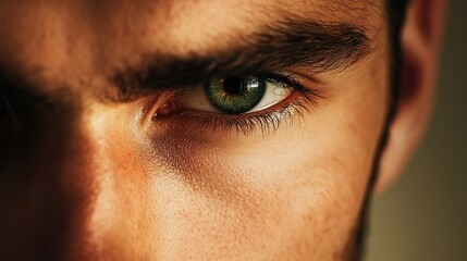 Naklejka premium Macro shot of a male model face with stubble, emphasizing skin texture, pores, and intense gaze