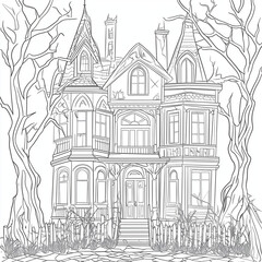 Naklejka premium Halloween Coloring Page: Spooky and Fun Haunted House with Bats - Clean Line Art for All Ages - Black and white - Printable pages 