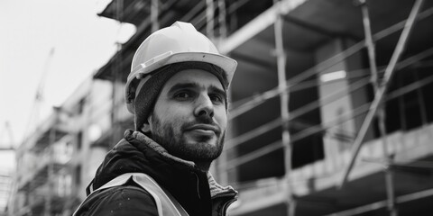 Obraz premium A construction worker wearing a hard hat stands in front of a building, ready to start work