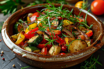 A bowl of food with a variety of vegetables and herbs