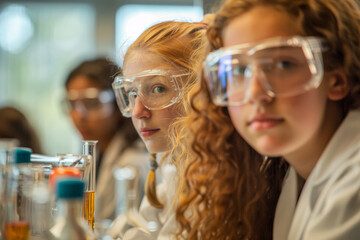 A group of girls wearing lab coats