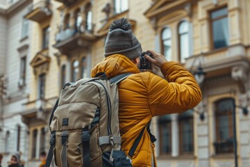 Fototapeta premium A person captures the scene of an urban landmark on camera