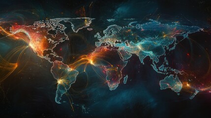 World Map with Abstract Connections and Light Trails