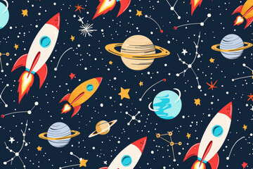 A colorful space background with many planets and rockets