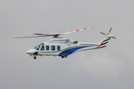 Agusta Westland AW139 helicopter, registration number DU-142, used by Dubai Air Wing, departing London Stansted Airport, Essex, UK on 23rd July 2024