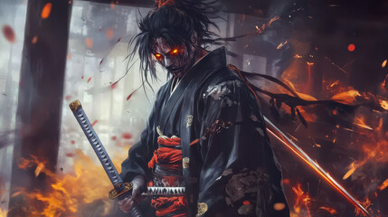 samurai warrior in traditional Japanese armor, holding a sword with another sheathed at the waist. 