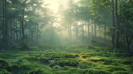 serene morning in a moss-covered forest, vibrant green moss, natural background