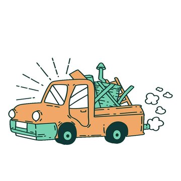 illustration of a traditional tattoo style truck carrying junk