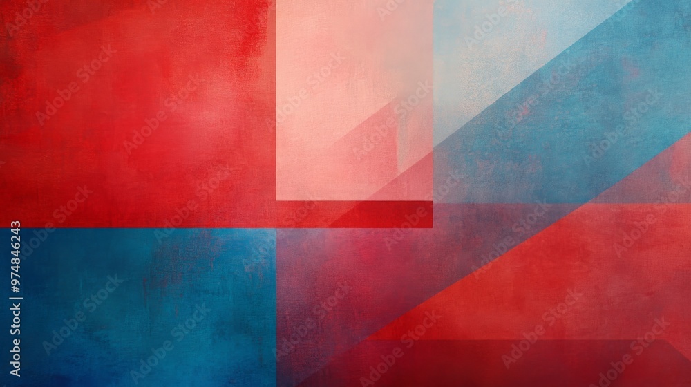 Poster abstract gradient in bold reds and blues, with geometric shapes in minimalistic arrangement, enhance