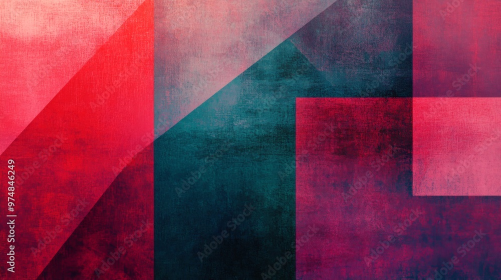 Poster abstract gradient in bold reds and blues, with geometric shapes in minimalistic arrangement, enhance