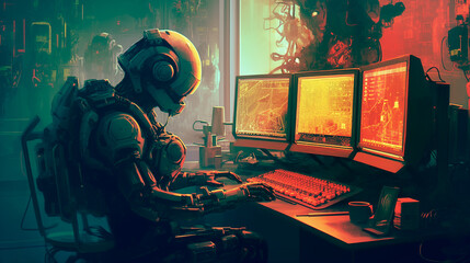 A robot sits at a tech desk filled with multiple digital. Illustration art, Ai generate