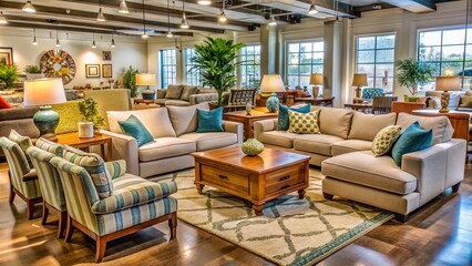Fototapeta premium Cozy and brightly lit furniture store in Monroe, Louisiana, displays a diverse selection of stylish and budget-friendly
