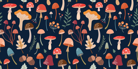 Autumn seamless pattern with colorful mushrooms, decorative wallpaper, autumnal background