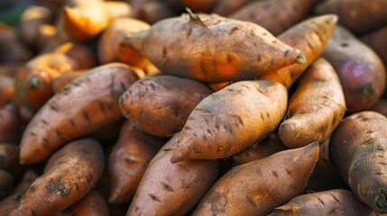 A pile of orange potatoes with a few brown spots