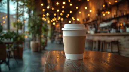 Paper coffee cup mockup with copy space on a blurred café background