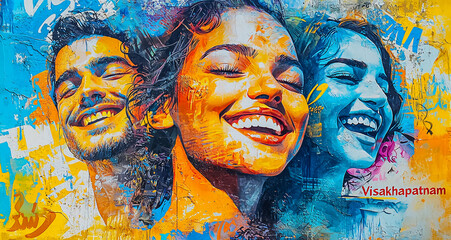 Graffiti image of a youth from "Visakhapatnam", an Indian city on a colorful backwall of city streets with the city's name written, Concept of promoting Indian cities and Indian youth with modern art