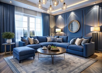 Cozy blue-themed living room featuring a sleek sectional sofa, round coffee table, and matching accent chairs,