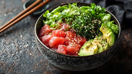 Hawaiian Poke Bowl with Tuna, Avocado, Seaweed and Sesame Seeds.