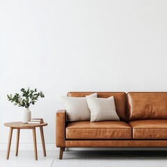 Minimalist teak wood side table next to a sleek leather sofa, in a contemporary apartment, teak furniture, urban elegance