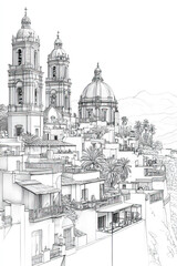 San Luis Potos, Mexico, black and white pen pencil hand-drawn effect portrait drawing illustration for travel poster, card, wallpaper, backdrop or banner. Modern, clear, artistic and simple