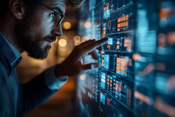 Night analyst in a modern office examining digital data