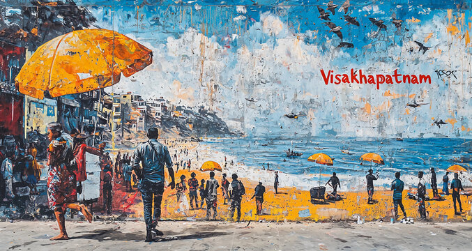 Graffiti image of a costal city "Visakhapatnam" in India on a colorful backwall of the city streets with the city's name written above the beach, Concept of promoting Indian cities with modern art