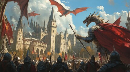Fototapeta premium Armored Dragon Leading Army Toward a Medieval City