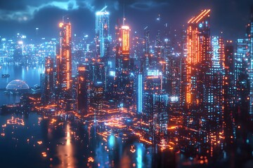 Fototapeta premium Vibrant city skyline illuminated at night with colorful lights