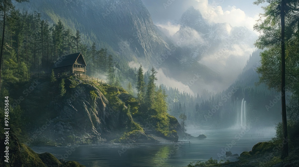 Poster A Secluded Wooden Cabin Nestled Amidst Misty Mountain Peaks and a Tranquil Lake