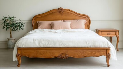 Ornate teak wood bed frame with vintage carvings, in a bright and airy bedroom, teak bed, vintage luxury
