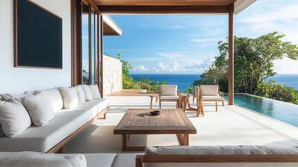 Fototapeta premium High-end teak wood dining set in a luxurious beachfront villa, with ocean views, teak dining furniture, tropical luxury