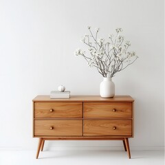 Vintage-style teak wood dresser with brass handles, set against a white wall in a minimalist bedroom, teak storage furniture, retro chic