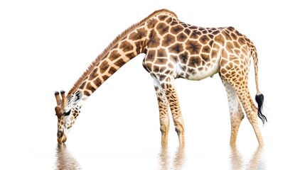 A giraffe drinking water, isolate on white background