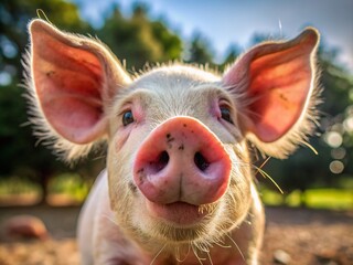 Curious pink pig snout with whiskers twitches as it sniffs the air, soft focus background emphasizes the gentle,