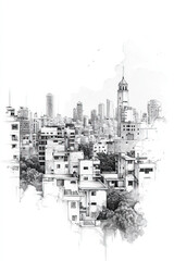 Fototapeta premium Santiago de los Caballeros, Dominican Republic, black and white pen pencil hand-drawn effect portrait drawing illustration for travel poster, card, wallpaper, backdrop or banner. Modern, clear