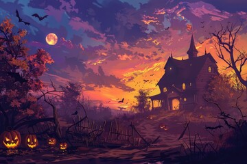 Haunted House in a Pumpkin Patch at Sunset..