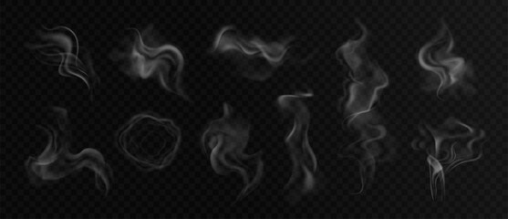 White smoke. Realistic transparent steam. Tea and coffee cup smoke, food steam, vapor cigarette or hookah clouds. 3d Vector illustration. © Frogella.stock