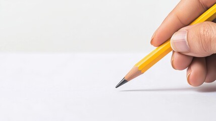 A close-up of a hand gripping a yellow pencil poised above a blank sheet, ideal for creativity, writing, and education concepts.