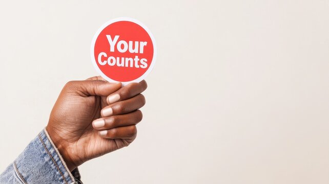 A close-up of a hand holding a red circle sign with the text 'Your Counts' promoting awareness and engagement.