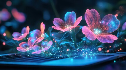 A virtual garden with blooming flowers made of glowing particles and data, displayed on a laptop
