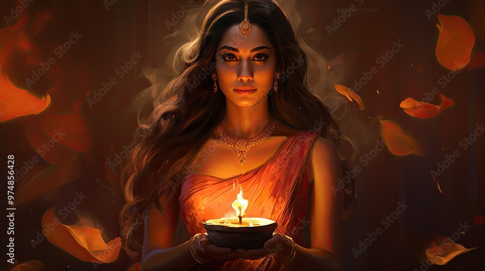 Wall mural divali festival, young woman with candle light