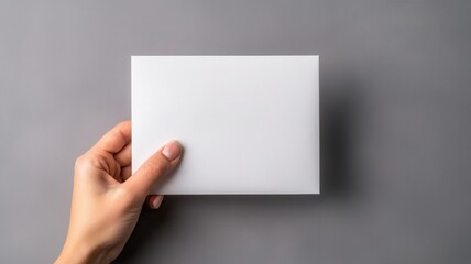 A person's hand holding a blank white card against a gray background, ideal for invitations, announcements, or branding.