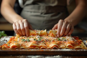 Woman's hands rolling lasagna pasta sheets on a wooden board.
