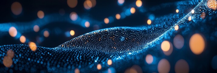 Abstract digital rendering of a dynamic wave with glowing particles, creating a futuristic and technological aesthetic.