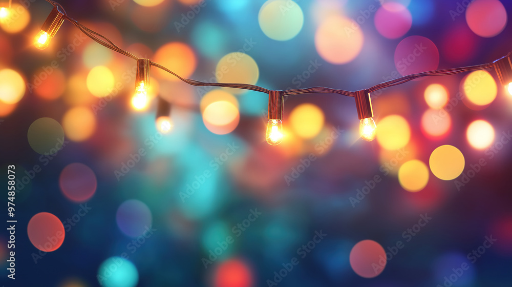 Poster party scene with colorful bokeh and retro string lights