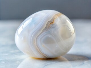 Fototapeta premium Delicate white agate gemstone with subtle grey-blue inclusions and swirling patterns, polished to a high shine, lying
