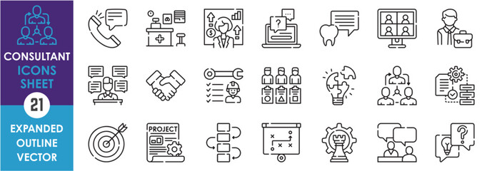 A set of line icons related to Consultant. Business, health, plan, strategy, growth, call, support, advice, handshake, way, target, and so on. Vector outline icons set.