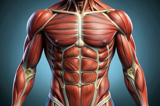 Detailed illustration of the abdominal muscle anatomy, showcasing the rectus abdominis, external obliques, and internal