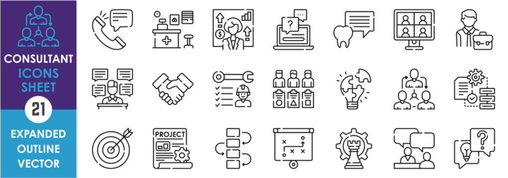 A set of line icons related to Consultant. Business, health, plan, strategy, growth, call, support, advice, handshake, way, target, and so on. Vector outline icons set.
