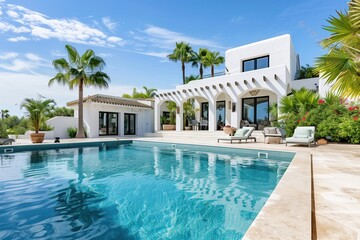 Fototapeta premium Luxurious Mediterranean villa with modern arched design, a sparkling pool, and tropical landscaping, offering a peaceful outdoor retreat under a clear blue sky for ultimate relaxation